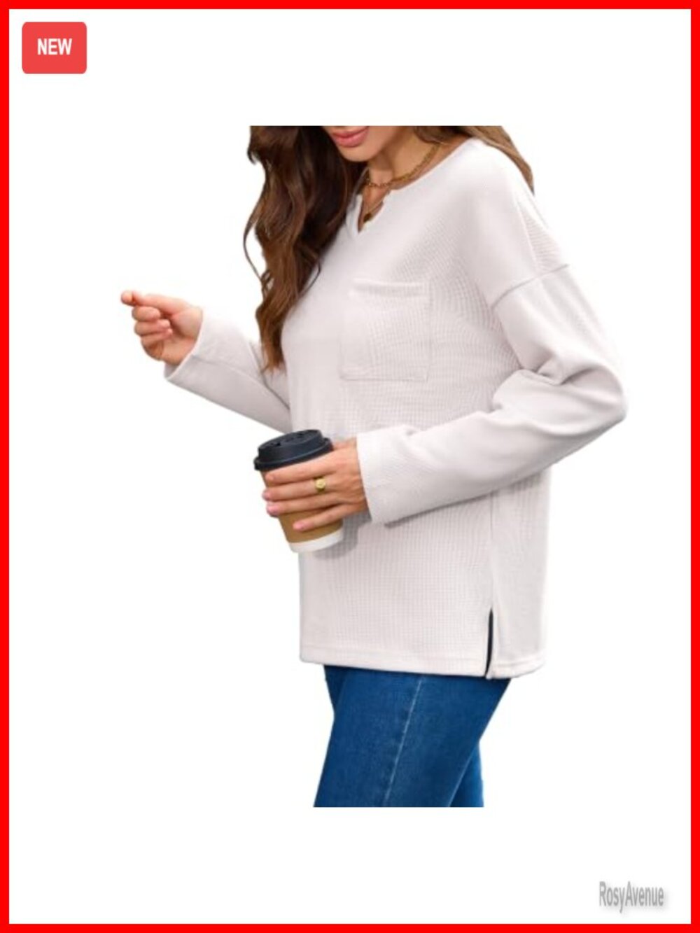 Waffle Knit V-Neck Button Tunic Top Relaxed Long Sleeve